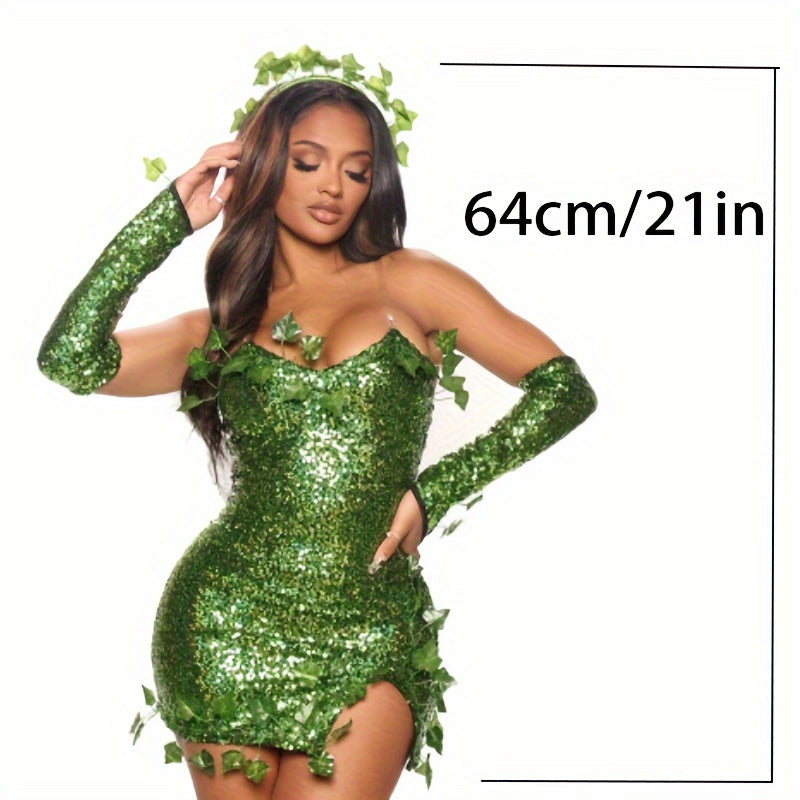 Sexy Poison Ivy Costume for Women - Green Bodycon Dress with Headband & Gloves, Perfect for Halloween & Cosplay Parties